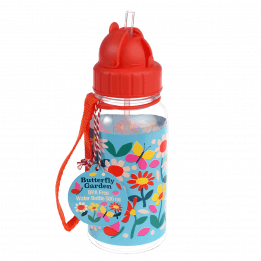 Medium size plastic water bottle for kids with red lid and carry loop handle featuring butterflies amongst flowers