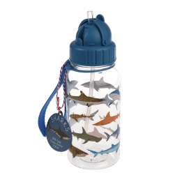 Medium size plastic water bottle for kids with dark blue lid and carry loop handle featuring pictures of sharks