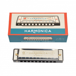 Metal and plastic harmonica and box