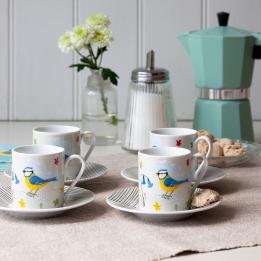 Set Of 4 Blue Tit Espresso Cups And Saucers