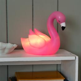 Pink flamingo night light shown with light on
