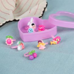 Assorted colourful rings with animal, mermaid, flower, and fruit designs