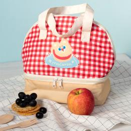 Red and white checkered lunch bag featuring a cute bear illustration 