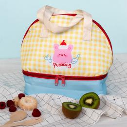 Yellow and white checkered lunch bag featuring a cute kawaii illustration 