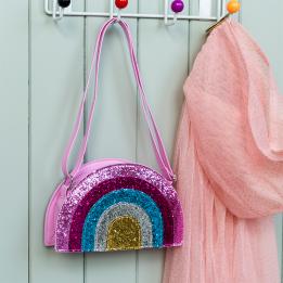 Children’s glitter rainbow handbag with colourful arcs and a pink strap