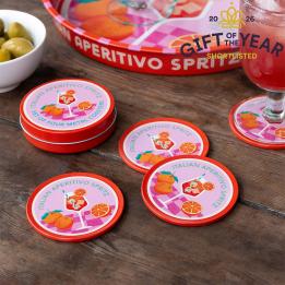 Four round coaster with Italian Aperitivo Spritz design in a storage tin