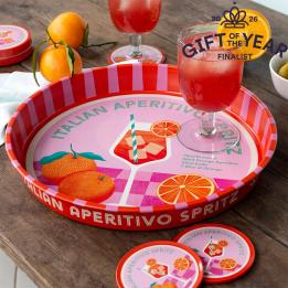 Four round coaster with Italian Aperitivo Spritz design in a storage tin - gift of the year final list