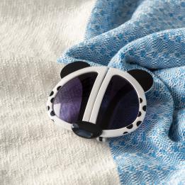 sunglasses with white snow leopard design, black spots, and dark lenses