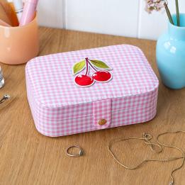 Pink gingham travel jewellery box .