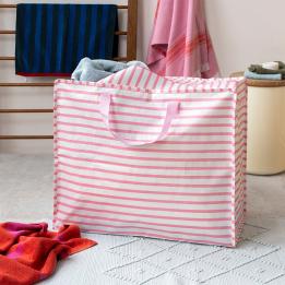 Large jumbo storage bag with pink horizontal stripes and pink handles.