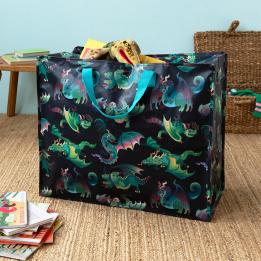 Large storage bag with a multi‑coloured dragons on a dark blue background and turquoise handles.