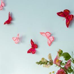A string garland decorated with colourful feather butterflies hanging against a light background.