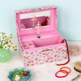 A pink jewellery box, decorated with our Tilde floral print.