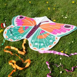 A giant kite, Featuring a vibrant butterfly design with colourful wings and long flowing ribbon tails