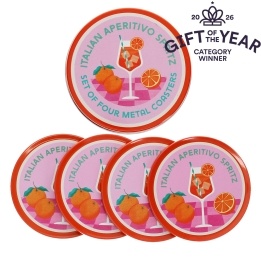 Four round coaster with Italian Aperitivo Spritz design in a storage tin - gift of the year - final list 