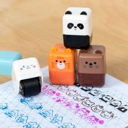 cube-shaped roller stamp with a cute animal face.