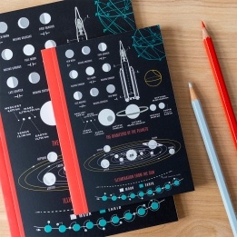 Notebook with space‑themed diagrams, including moon phases, planets, and a rocket on the cover.