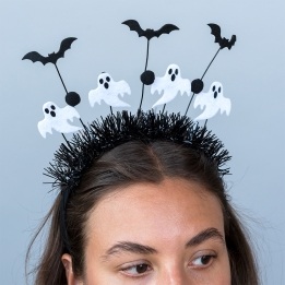 Halloween headband with black tinsel, ghost decorations and bats.