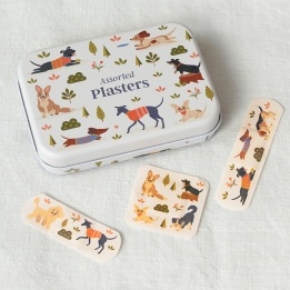 Dog-themed plasters in a tin, shown with assorted designs.