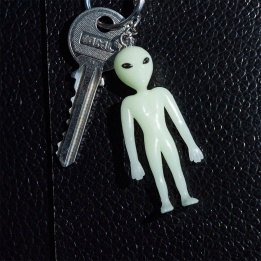Glow-in-the-dark alien keyring with silver chain and key ring 