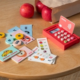 Wooden shopping money play set with toy cards, cash register, coins and receipts