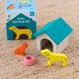 Wooden pet play set with dog, cat, kennel, bowl and illustrated storage box