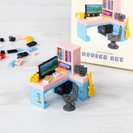 Pocket Blocks office desk building set with miniature computer, chair, shelving and accessories with retail box 