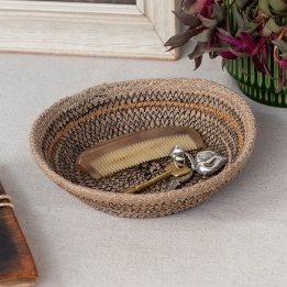 Conical jute bowl in natural, black and brown.