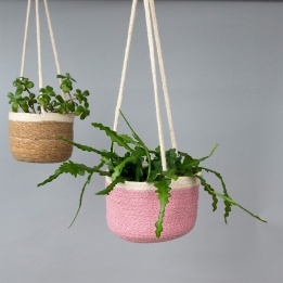 Pink seagrass hanging basket with hanging loop.