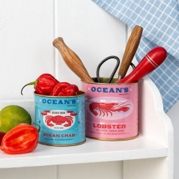 Ocean-themed decorative storage tins labelled "Ocean Crab" and "Lobster"