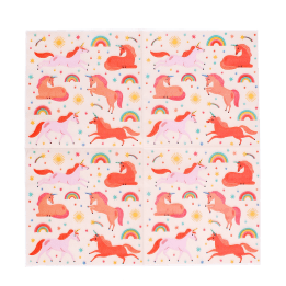 Pack of unicorn-themed paper napkins with colourful unicorns, rainbows, stars, and suns on a light background.