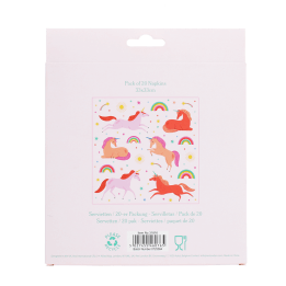 Back of unicorn napkhins packaging showing barcode and unicorn print