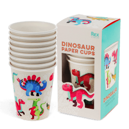 Pack of eight paper cups with colourful baby dinosaur design placed beside packaging box.