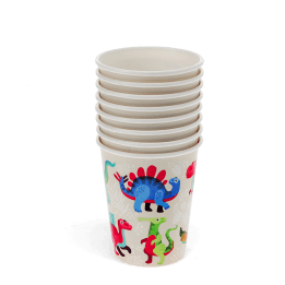Pack of eight paper cups with colourful baby dinosaur design.