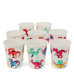 Pack of eight paper cups with colourful baby dinosaur design.