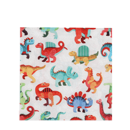 Pack of dinosaur-themed paper napkins featuring colorful cartoon dinosaurs on a white background.