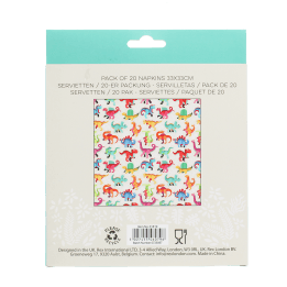 Back of dinosaur napkin packaging showing barcode and dinosaurs print