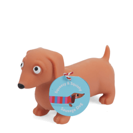 Squeezy squishy toy shaped like a brown sausage dog with floppy ears and a cute face with tag