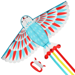 Colorful bird-shaped kite with long tail ribbons, and a red handle with string