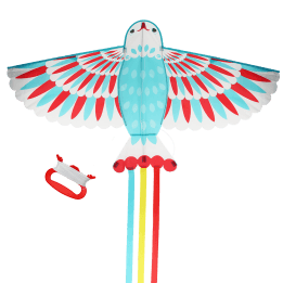 Colorful bird-shaped kite with long tail ribbons, and a red handle with string