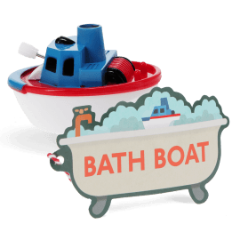 Wind-up bath toy shaped like a boat with tag