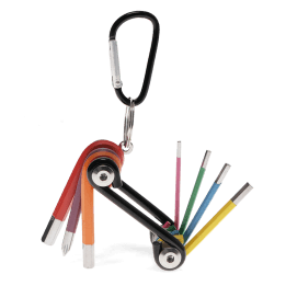 7-in-1 multi-coloured multi-tool with hex keys and screwdriver bits