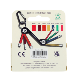 7-in-1 multi-coloured multi-tool with hex keys and screwdriver bits in packaging