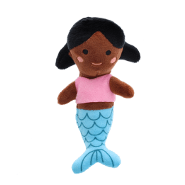 Mini mermaid soft toy with black hair, pink top, and blue tail with scale pattern