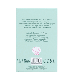 Back of mini mermaid soft toy packaging showing descriptions and barcode.