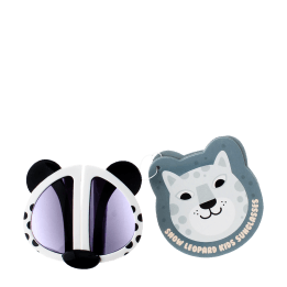 sunglasses with white snow leopard design, black spots, and dark lenses with tag