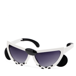 sunglasses with white snow leopard design, black spots, and dark lenses