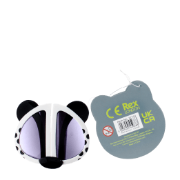 sunglasses with white snow leopard design, black spots, and dark lenses with tag showing safety warnings.