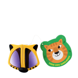 sunglasses with yellow tiger design, black stripes, and dark lenses with tag.