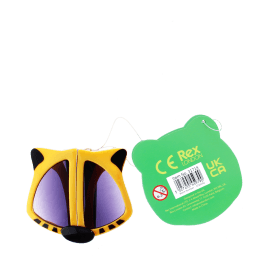 sunglasses with yellow tiger design, black stripes, and dark lenses with tag showing safety warnings.